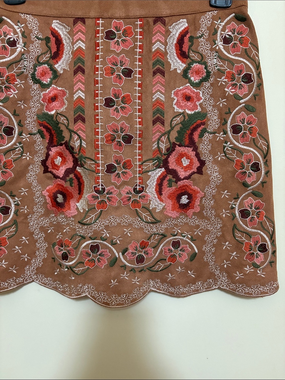 THML Brown Suede Embroidered Floral Mini Skirt with Scalloped Hem - Picture 2 of 7